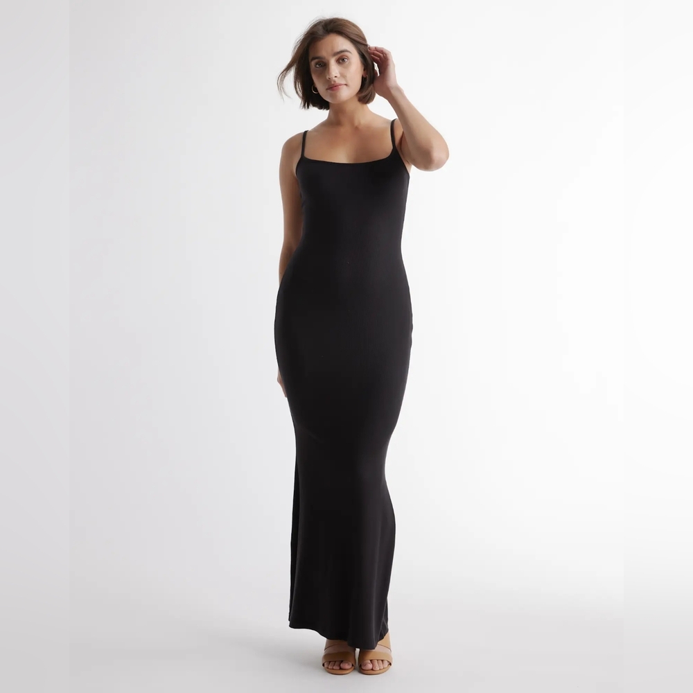 Quince Black Tencel Rib Knit Maxi Slip Dress